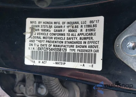 2017 Honda Civic Lx from USA, damaged, VIN 19XFC2F54HE058129